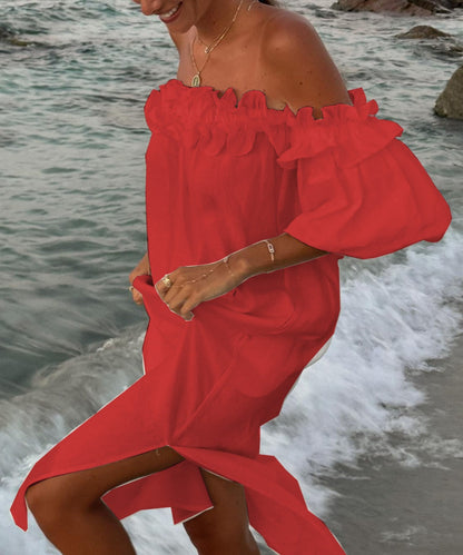 Valentina Robe Maxi Femme – Robe Boho Épaules Dénudées en Coton avec Volants & Encolure Bardot