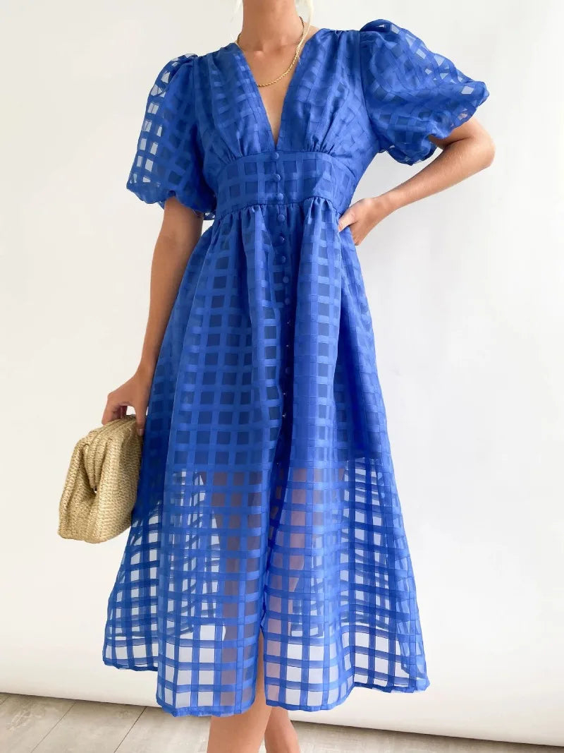 Mylene Robe Midi Femme – Robe à Carreaux Chic avec Volume & Couleur Vive