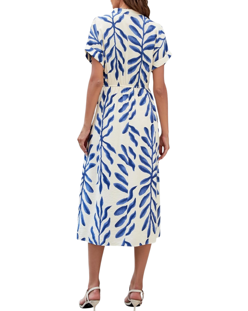 Rosita Bohemian Women's Dress – V-Neck, Short Sleeves, High Waist, Pockets Summer