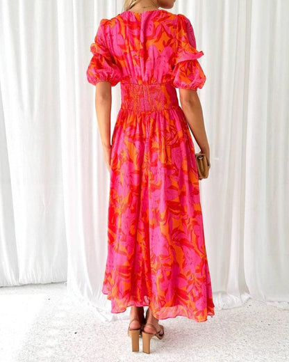 Dorothy Classic Women's Dress – V-Neck & Puff Sleeves in Elegant Rose Red