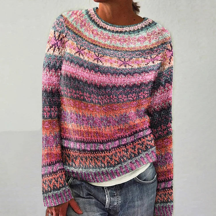 Hanna Pull Femme – Pull Vintage Décontracté à Imprimé Ethnique & Style Rétro Élégant