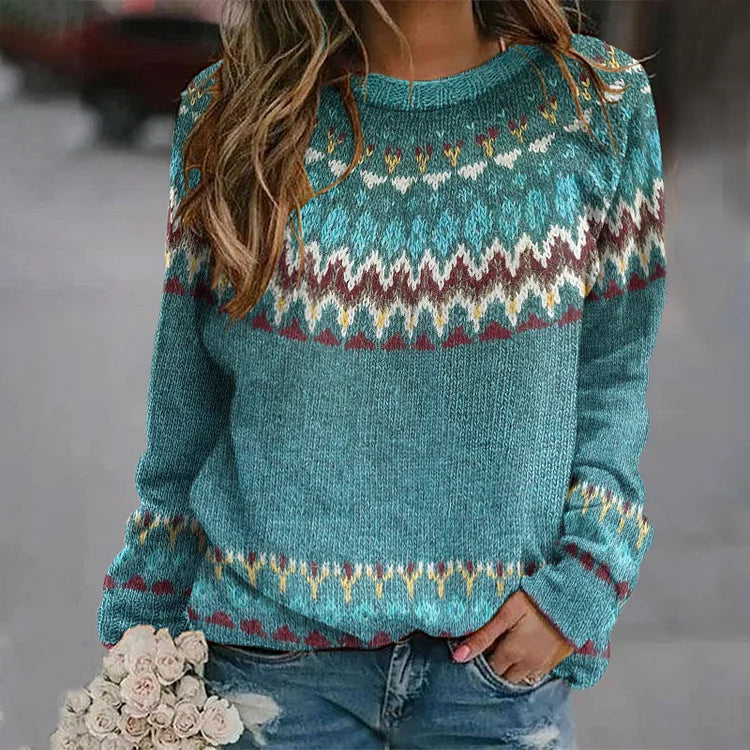 Reyna Pull Femme – Pull Rétro à Motif Vagues Élégant & Confortable