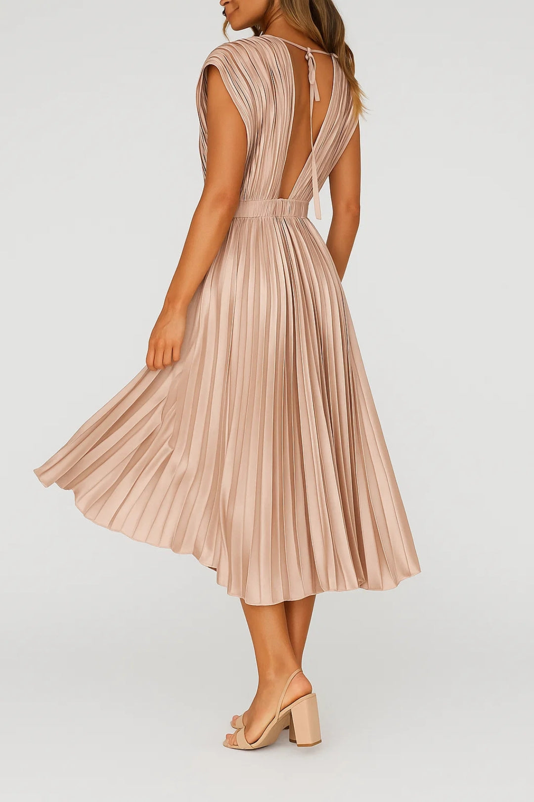 Xiomara Robe Femme – Robe Midi Plissée Élégante avec Décolleté en V & Taille Cintrée