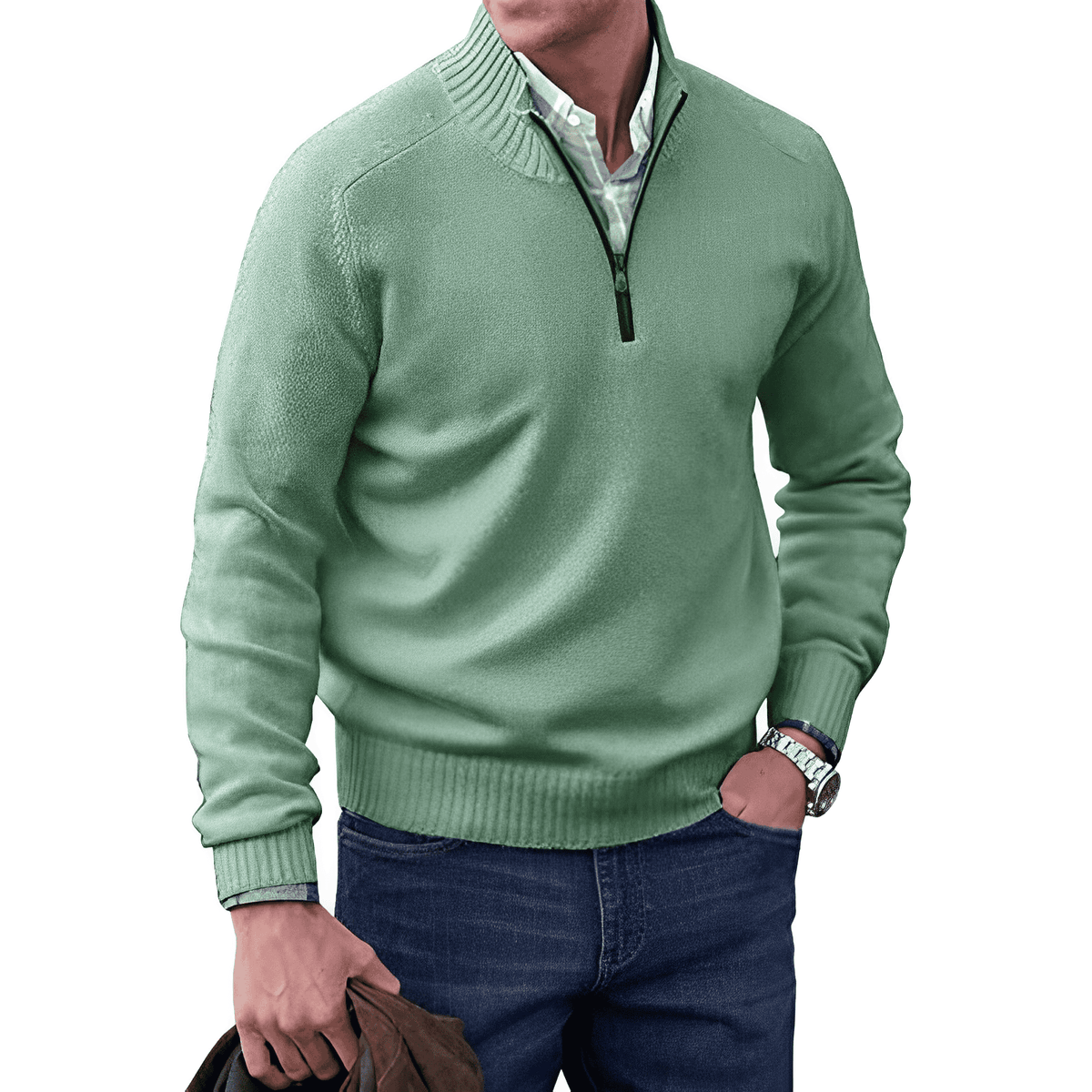 Adrian men's cashmere pullover with zip neck-green
