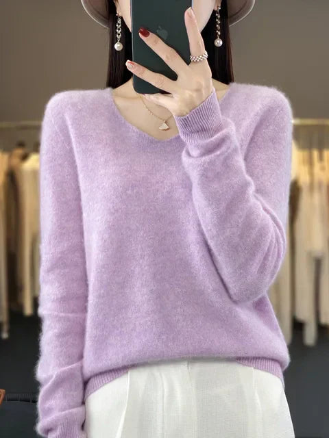 Lily Pull Femme – Pull Col V Élégant avec Détails Froncés & Maille Douce Confortable