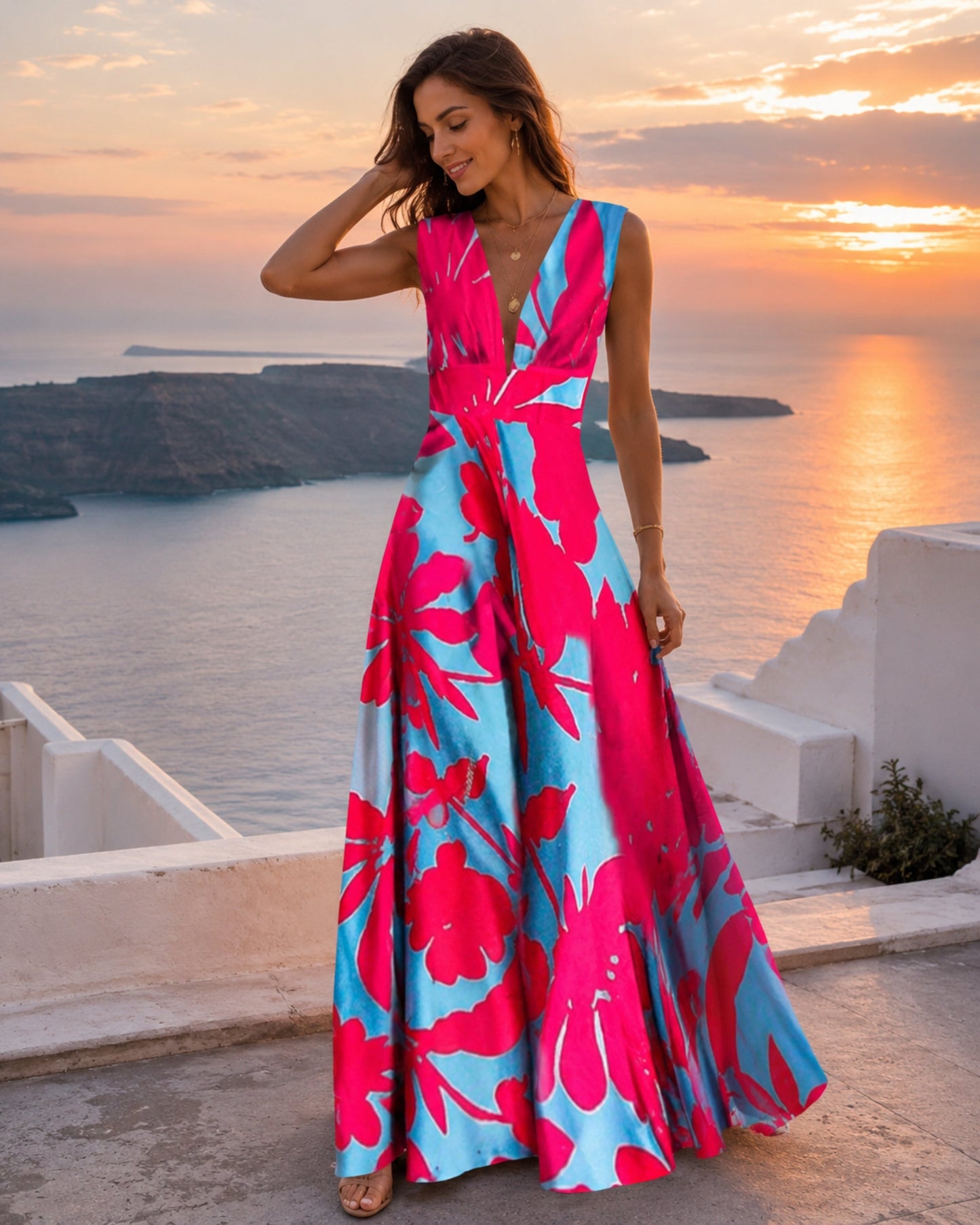 Maya Long Bohemian Dress for Women – Sleeveless Zip V-Neck Dress with Elegant Print