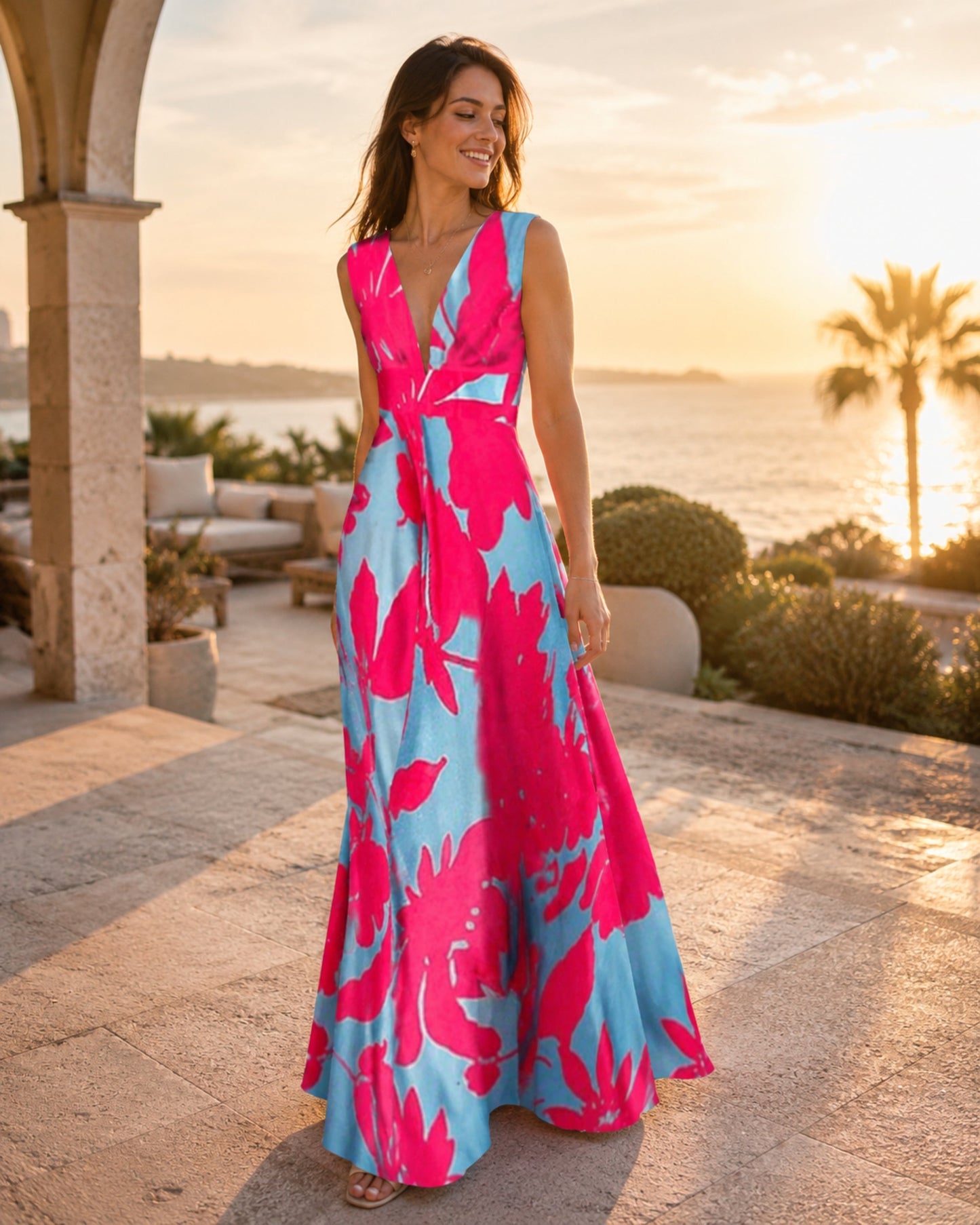 Maya Long Bohemian Dress for Women – Sleeveless Zip V-Neck Dress with Elegant Print