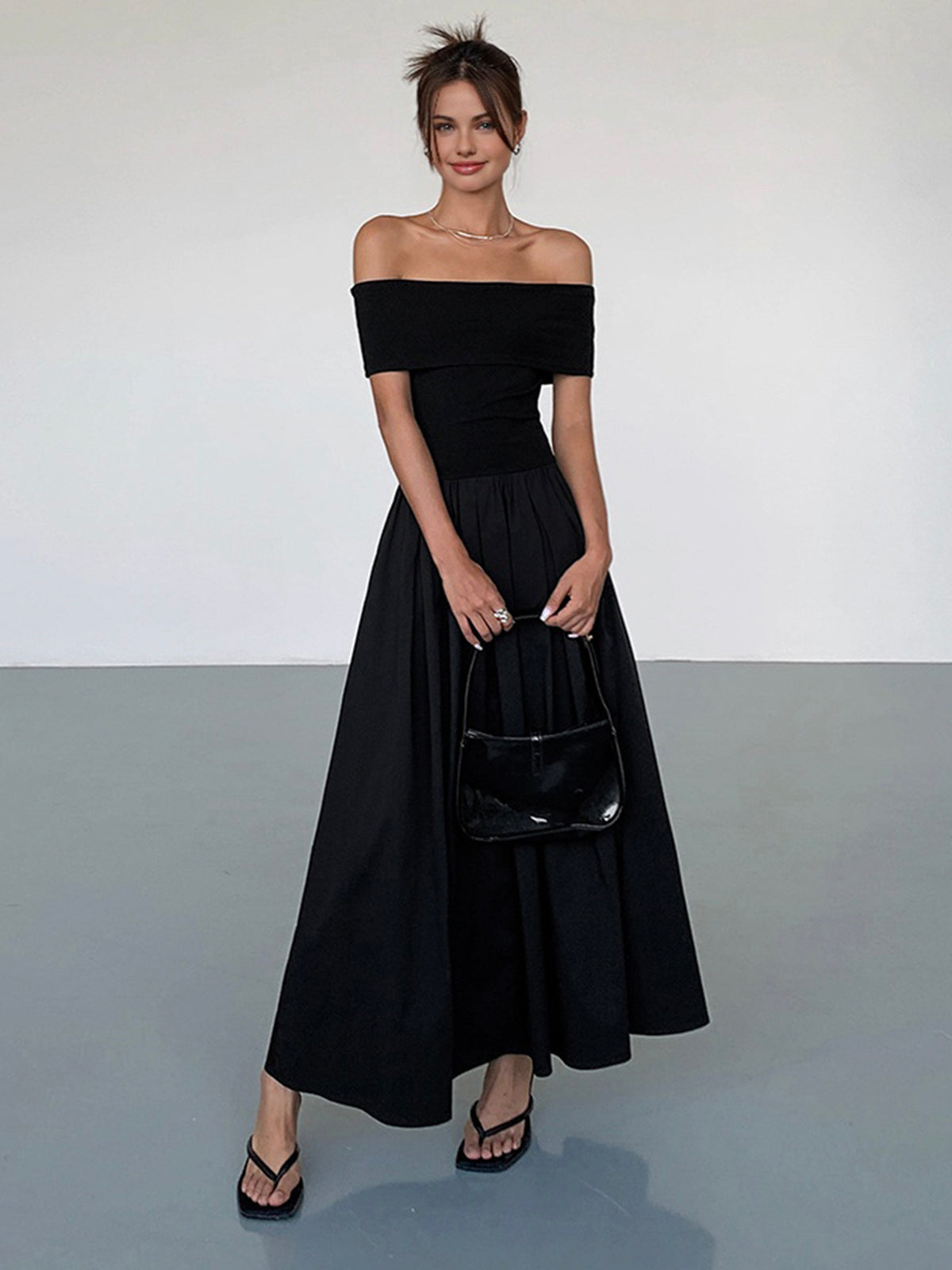 Kisha Robe Maxi Femme – Robe Élégante Épaules Dénudées avec Jupe Plissée Fluide