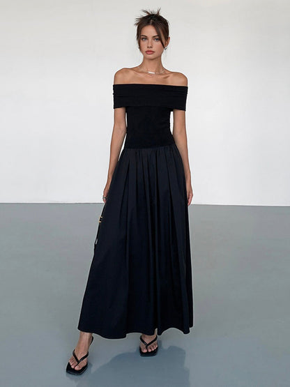 Kisha Robe Maxi Femme – Robe Élégante Épaules Dénudées avec Jupe Plissée Fluide