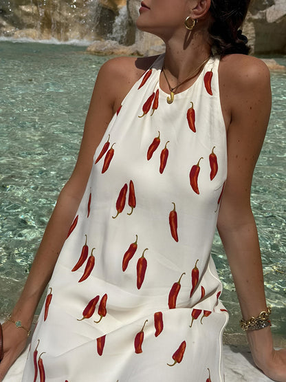 Natalia Robe d’Été Femme – Robe Courte Dos Nu avec Imprimé Piment Rouge & Coupe Légère