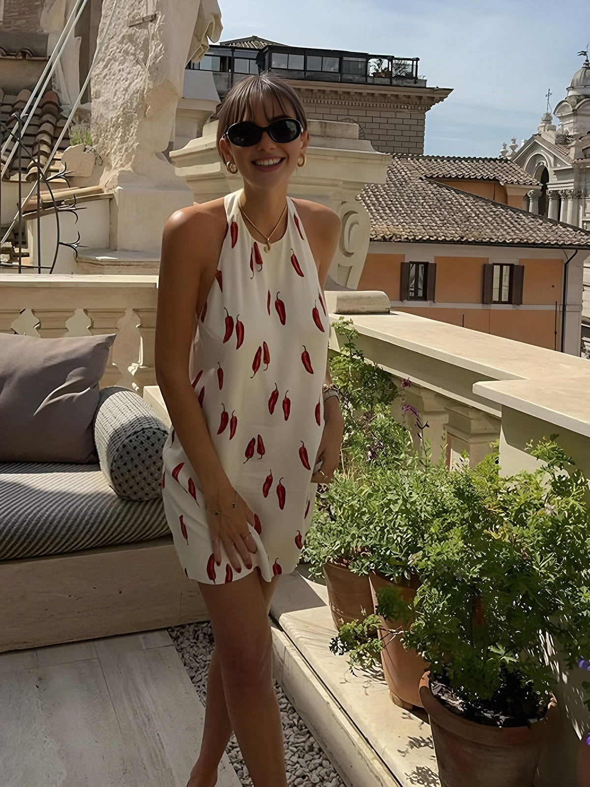 Natalia Robe d’Été Femme – Robe Courte Dos Nu avec Imprimé Piment Rouge & Coupe Légère