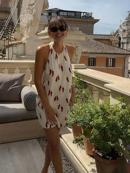 Natalia Robe d’Été Femme – Robe Courte Dos Nu avec Imprimé Piment Rouge & Coupe Légère