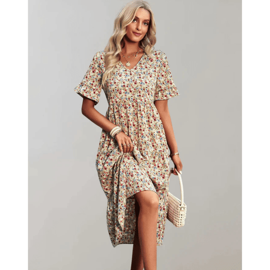 Bianka Robe Midi Femme – Imprimé Floral Léger avec Coupe Fluide et Manches Papillon Romantiques