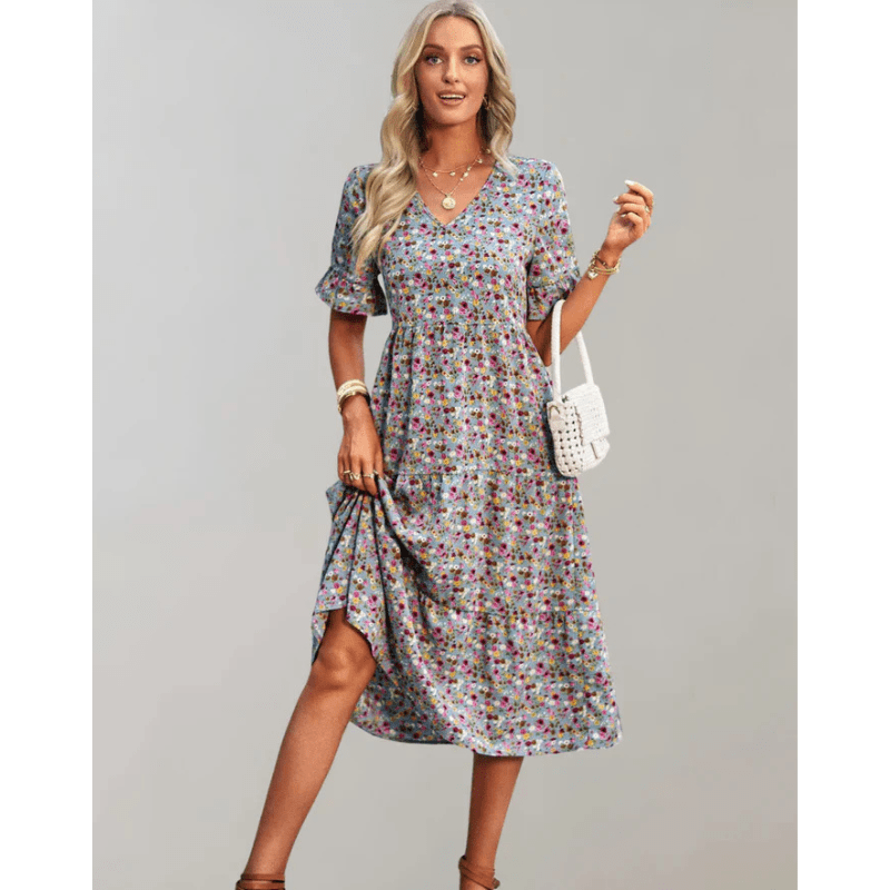 Bianka Robe Midi Femme – Imprimé Floral Léger avec Coupe Fluide et Manches Papillon Romantiques