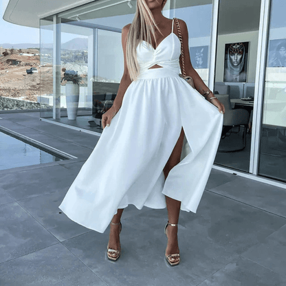 Bibiane Robe Midi Femme – Découpes Modernes, Fente Latérale & Jupe Fluide Légère