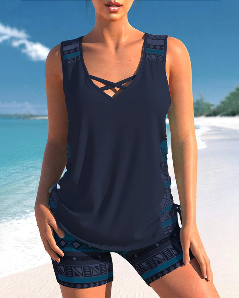 Full-coverage women's swimwear with a comfortable two-piece silhouette-blue
