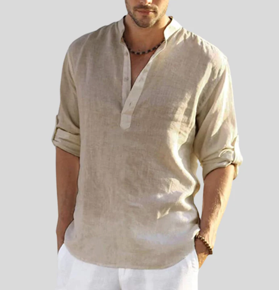 Ansel Chemise en Lin Homme – Chemise d’Été Respirante avec Patte de Boutonnage Courte & Manches Reversibles