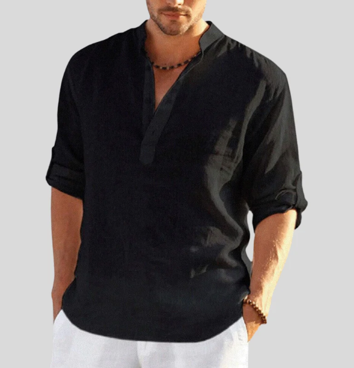 Ansel Chemise en Lin Homme – Chemise d’Été Respirante avec Patte de Boutonnage Courte & Manches Reversibles