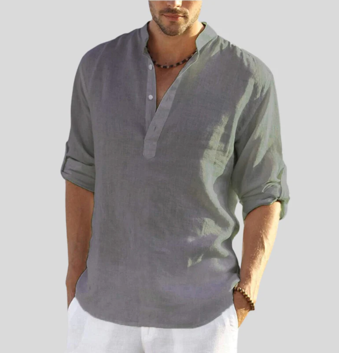 Ansel Chemise en Lin Homme – Chemise d’Été Respirante avec Patte de Boutonnage Courte & Manches Reversibles