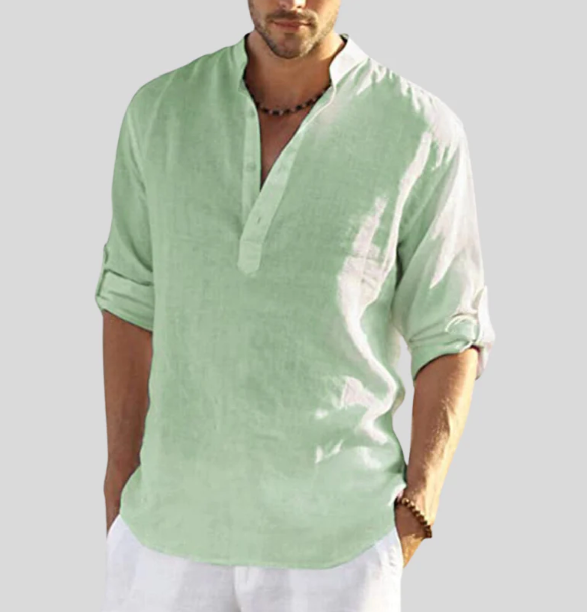 Ansel Chemise en Lin Homme – Chemise d’Été Respirante avec Patte de Boutonnage Courte & Manches Reversibles
