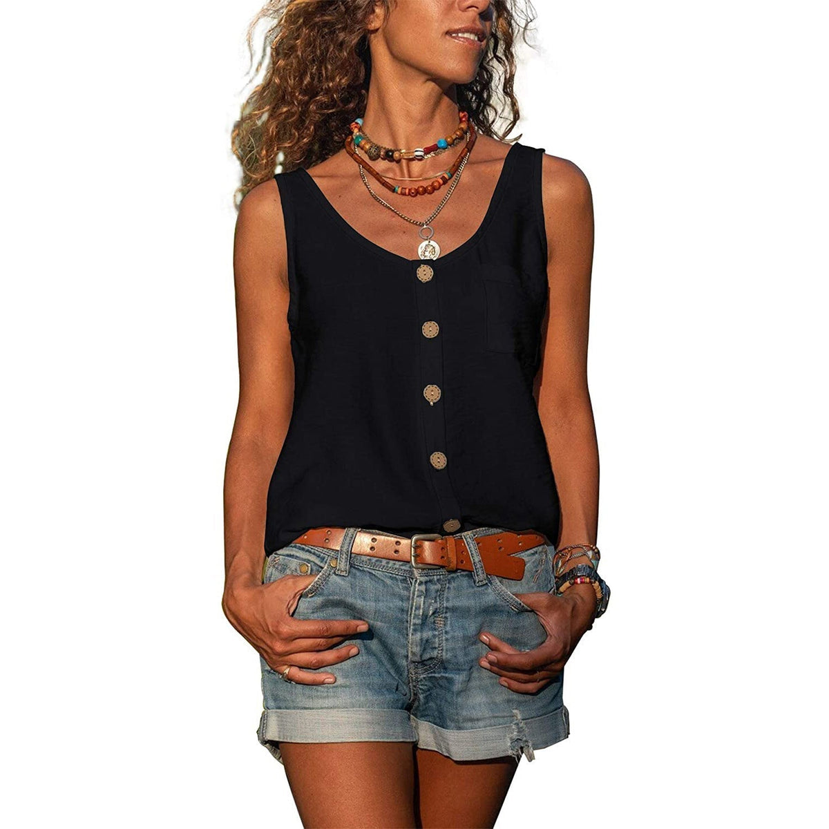 Flattering Ibiza-style tank top for stylish women's summer outfits - black