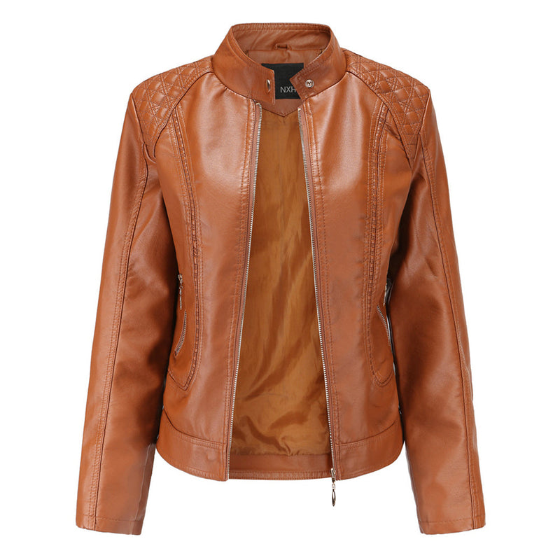 Janiyah Women's Leather Jacket – Chic High Collar, Zippers & Elegant Modern Style