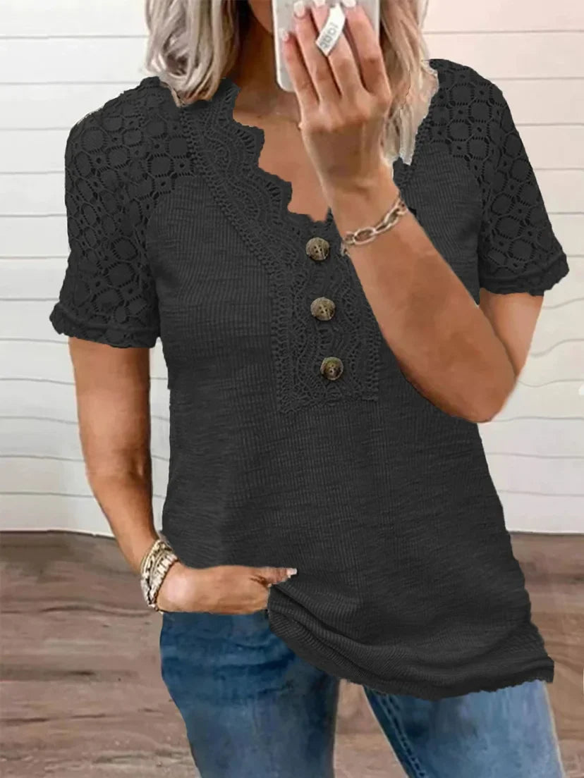 T-shirt Femme Chandy avec Détails en Dentelle – Coton Léger à Manches Courtes pour le Printemps & l'Été