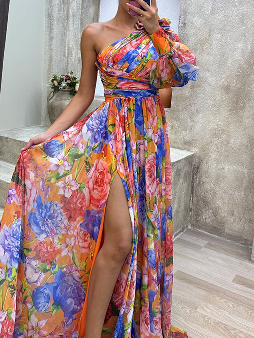Saniah Robe de Soirée Femme – Élégante Longue Robe Fleurie à Épaule Dénudée avec Fente