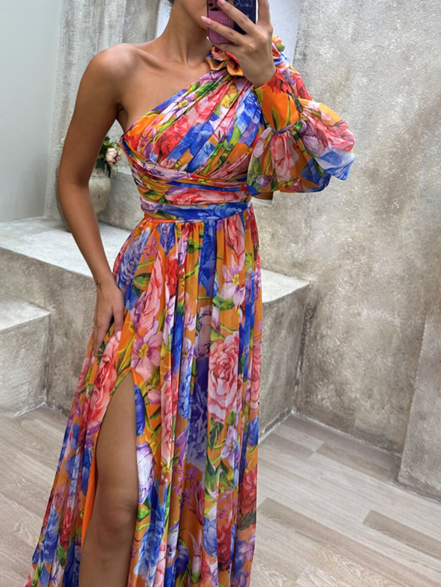 Saniah Robe de Soirée Femme – Élégante Longue Robe Fleurie à Épaule Dénudée avec Fente