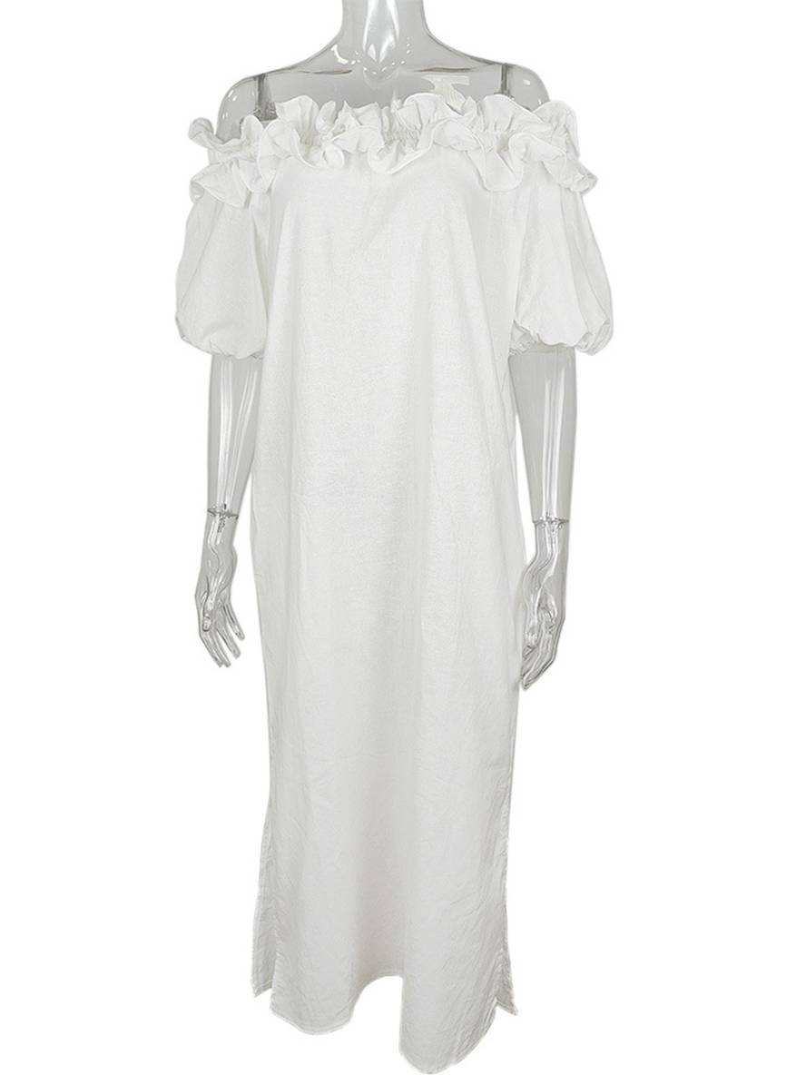 Kimberly Robe Femme – Robe Longue Décontractée avec Col Bateau, Manches Bouffantes & Fente Côté