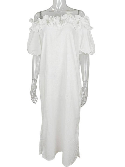 Kimberly Robe Femme – Robe Longue Décontractée avec Col Bateau, Manches Bouffantes & Fente Côté