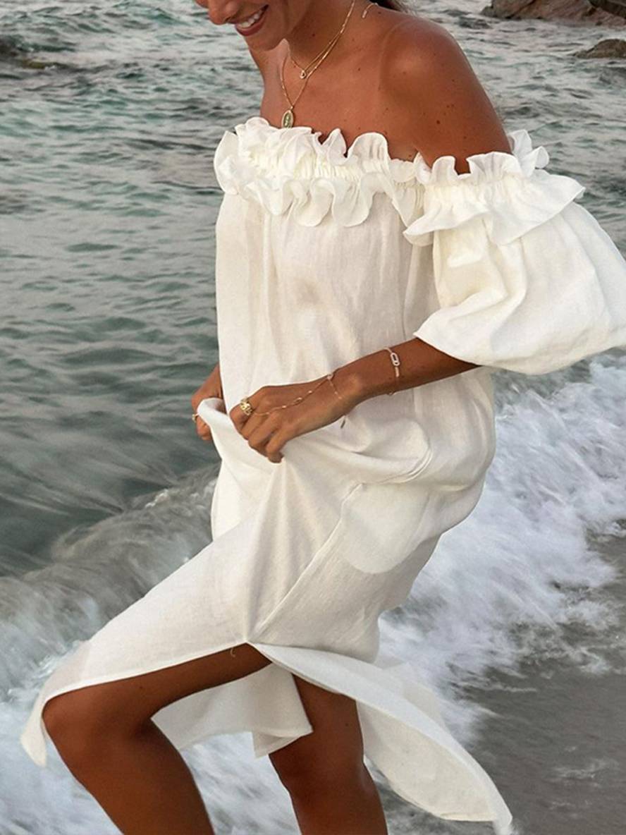 Kimberly Robe Femme – Robe Longue Décontractée avec Col Bateau, Manches Bouffantes & Fente Côté