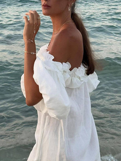 Kimberly Robe Femme – Robe Longue Décontractée avec Col Bateau, Manches Bouffantes & Fente Côté
