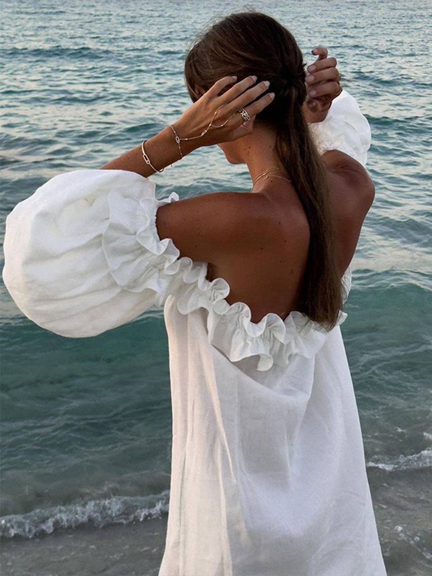 Kimberly Robe Femme – Robe Longue Décontractée avec Col Bateau, Manches Bouffantes & Fente Côté