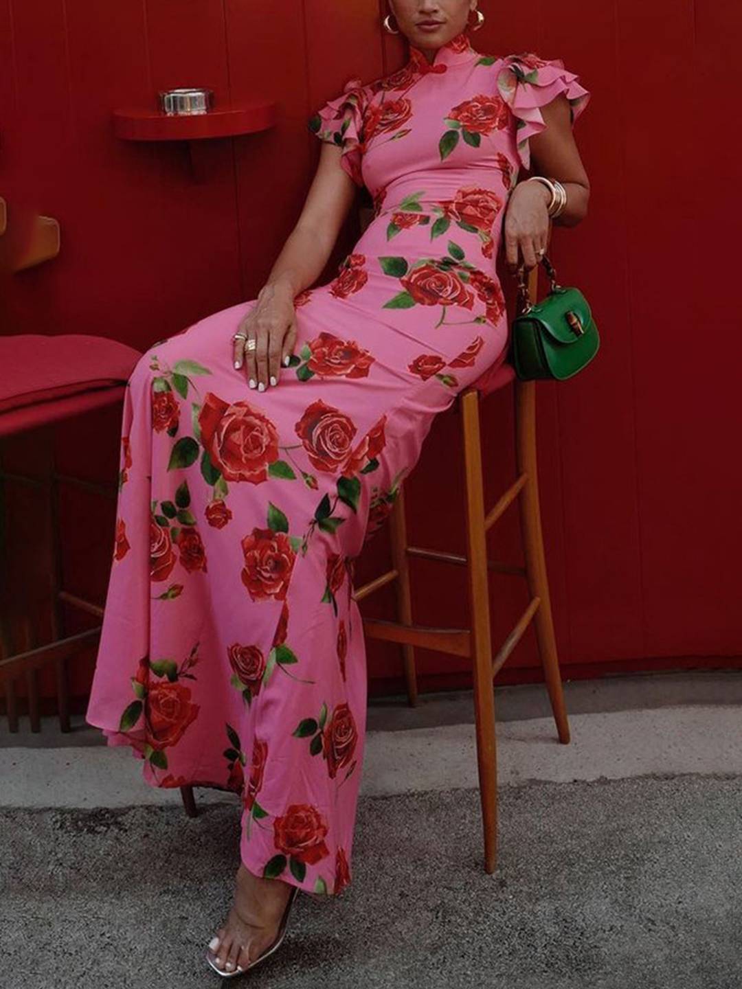 Thalia Robe de Soirée Femme – Élégante Longue Robe Fleurie avec Volants, Col Mao & Détail à Boutons