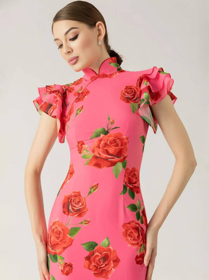 Thalia Robe de Soirée Femme – Élégante Longue Robe Fleurie avec Volants, Col Mao & Détail à Boutons