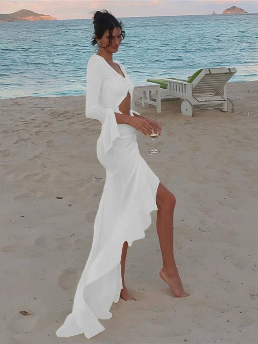 Kayliegh Robe de Plage Femme – Longue Robe Moulante avec Décolleté en V, Fente & Manches Fendues Boho