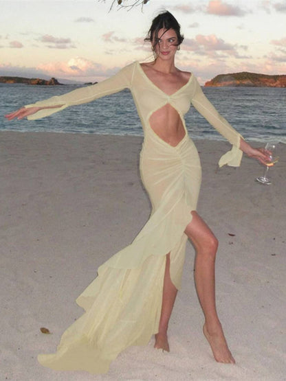 Kayliegh Robe de Plage Femme – Longue Robe Moulante avec Décolleté en V, Fente & Manches Fendues Boho