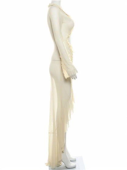 Kayliegh Robe de Plage Femme – Longue Robe Moulante avec Décolleté en V, Fente & Manches Fendues Boho