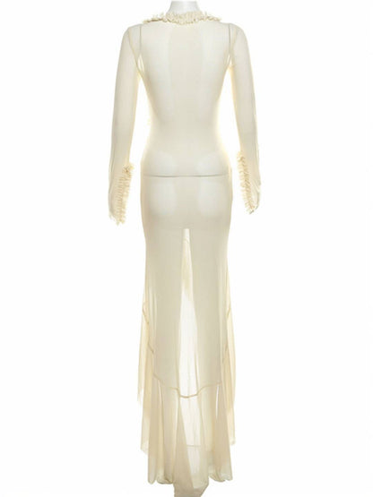 Kayliegh Robe de Plage Femme – Longue Robe Moulante avec Décolleté en V, Fente & Manches Fendues Boho