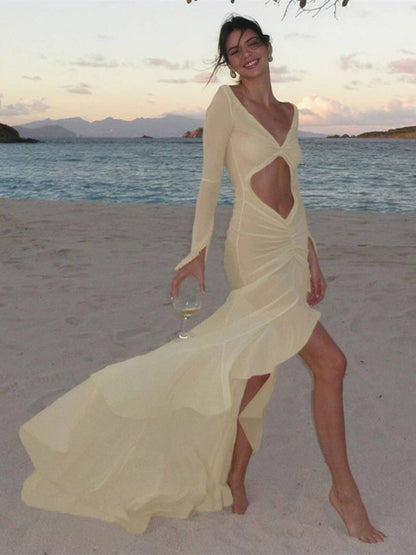 Kayliegh Robe de Plage Femme – Longue Robe Moulante avec Décolleté en V, Fente & Manches Fendues Boho