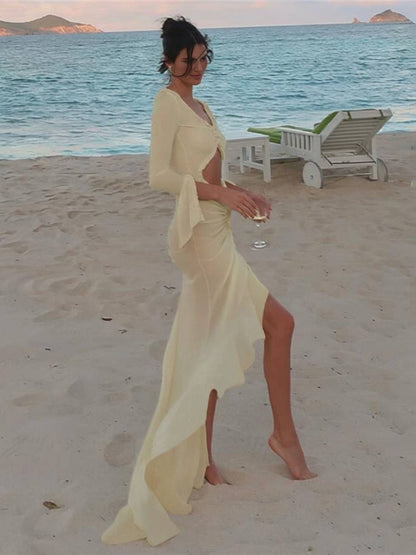 Kayliegh Robe de Plage Femme – Longue Robe Moulante avec Décolleté en V, Fente & Manches Fendues Boho