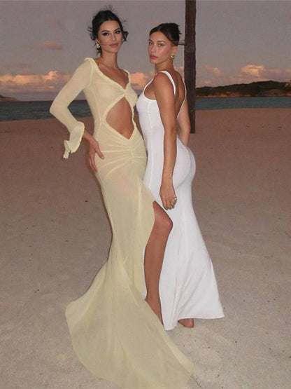 Kayliegh Robe de Plage Femme – Longue Robe Moulante avec Décolleté en V, Fente & Manches Fendues Boho