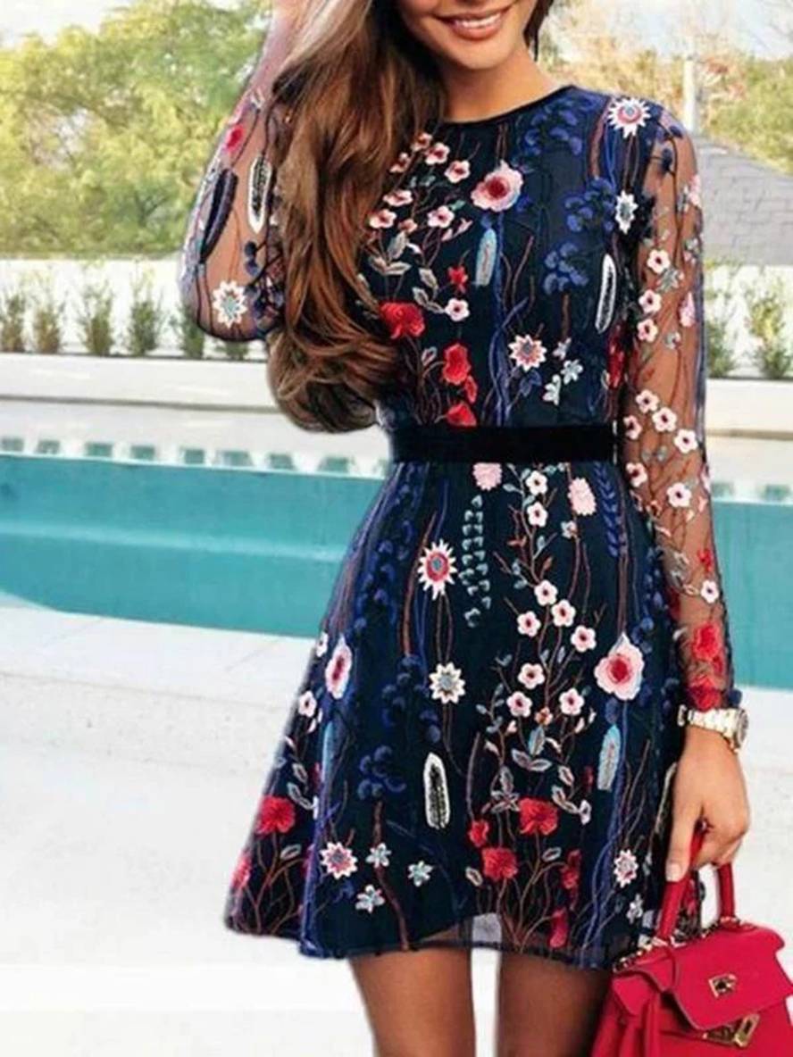 Daizrie Robe Femme – Robe Courte Fleurie Brodée avec Manches Longues & Col Rond Élégant