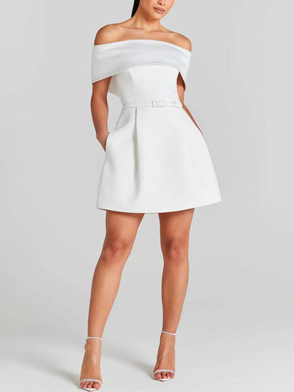 Haziel Robe de Cocktail Femme – Robe Patineuse Sans Manches avec Encolure Bateau, Ceinture & Coupe Élégante