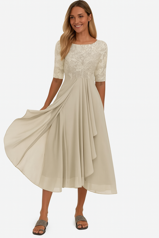 Vera Robe Élégante Femme – Robe en Dentelle & Chiffon, A-Ligne, Mi-longue & Manches Courtes