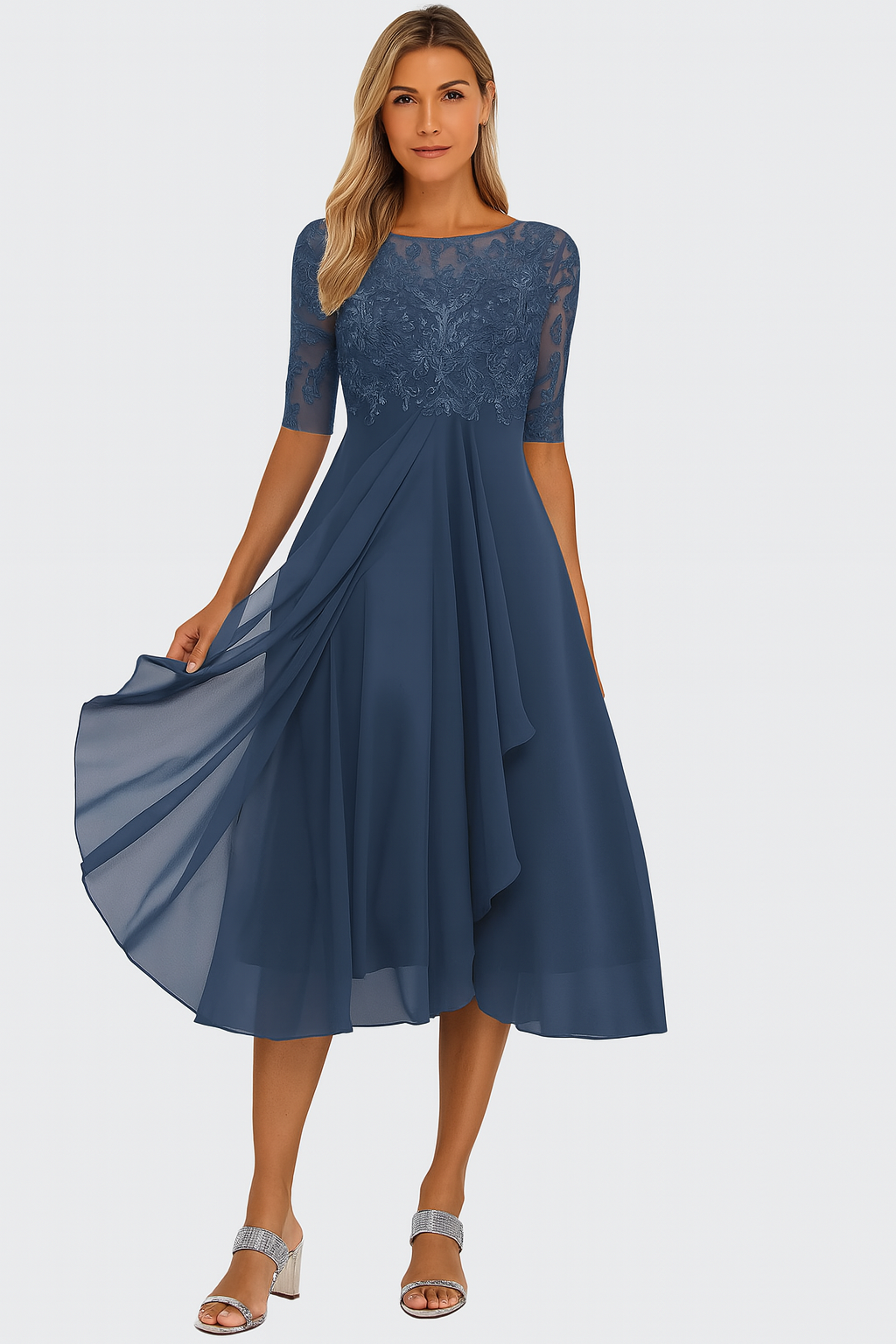 Vera Robe Élégante Femme – Robe en Dentelle & Chiffon, A-Ligne, Mi-longue & Manches Courtes