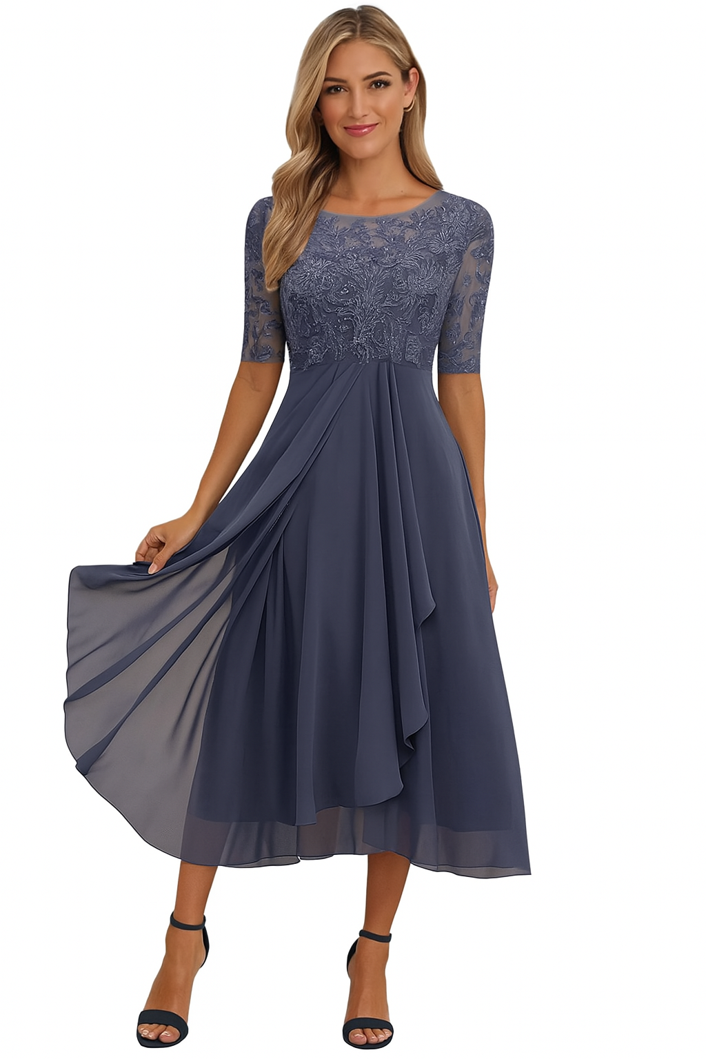 Vera Robe Élégante Femme – Robe en Dentelle & Chiffon, A-Ligne, Mi-longue & Manches Courtes