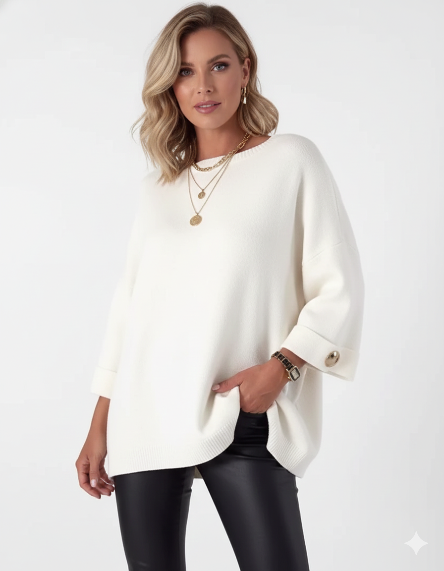 Claudy Oversized Sweater for Women – Soft Knit with Gold Buttons & Elegant Cut