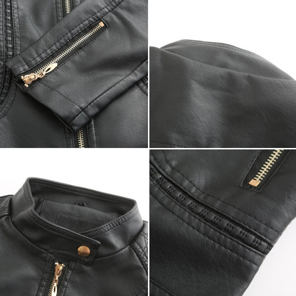 Janiyah Veste Femme en Cuir – Col Montant Chic, Fermetures Éclair & Style Moderne Élégant